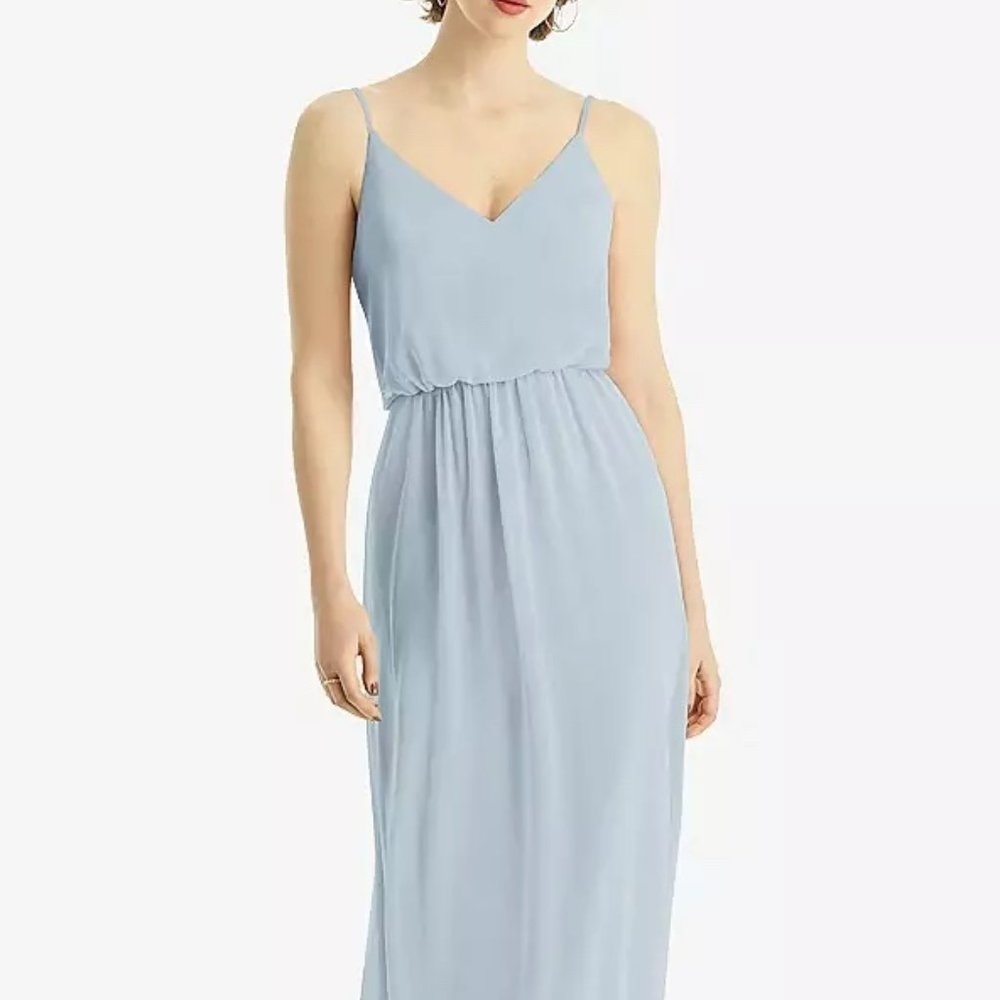 Dessy Bridesmaid V-Neck Blouson Bodice Chiffon Maxi Dress in Mist (blue), size 6